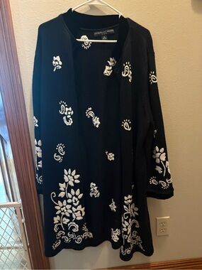 Josephine Chaus Black Cardigan with White Floral Embroidery